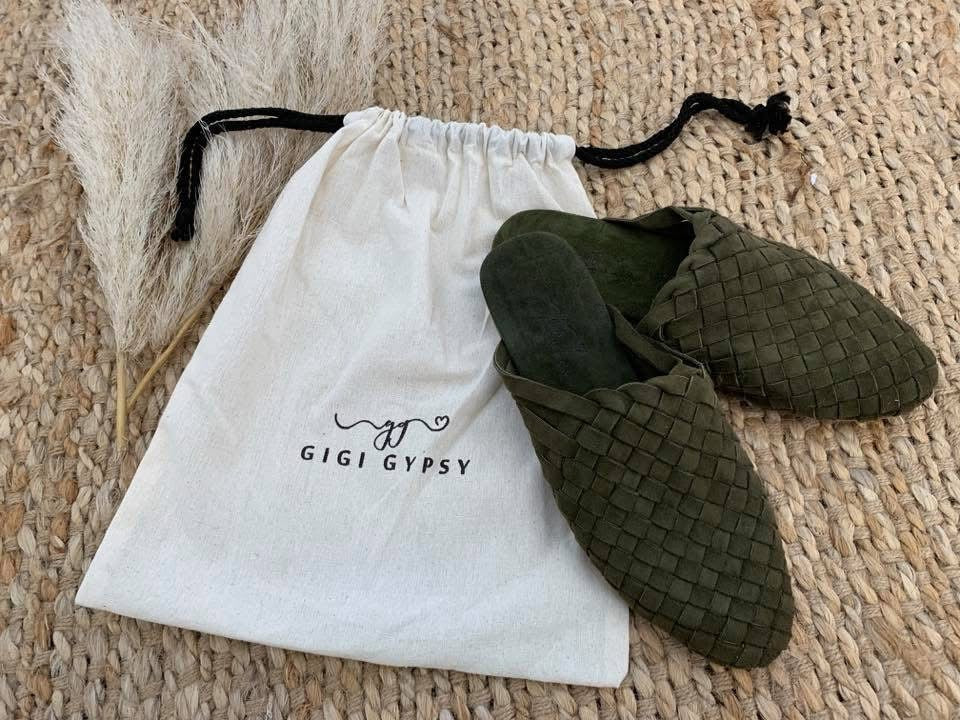 Gigi Gypsy Woven Slides - Olive Suede