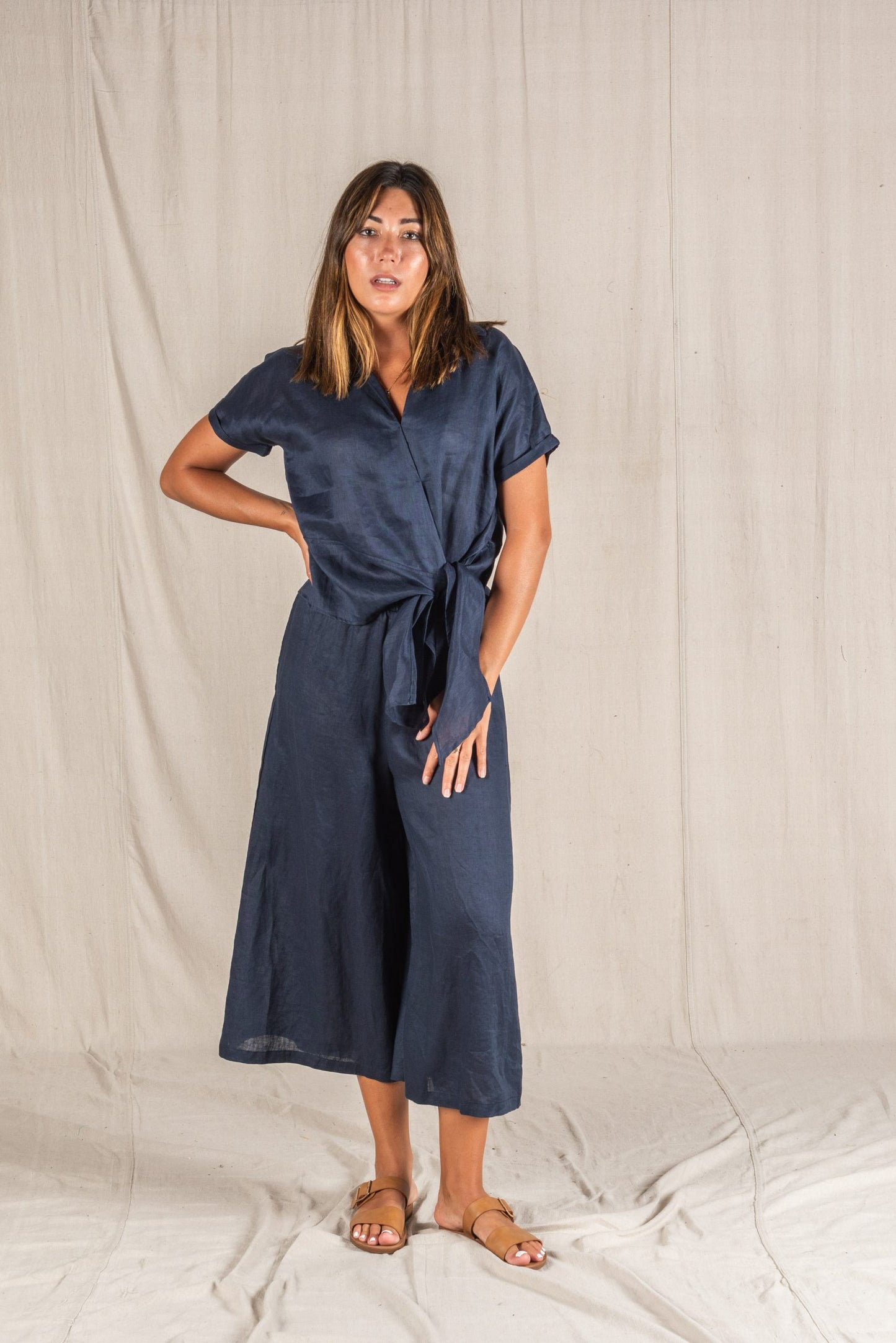 Melania Tie Front Blouse - Navy