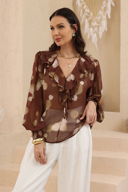 Waterfall Front Blouse - Choc/Polka