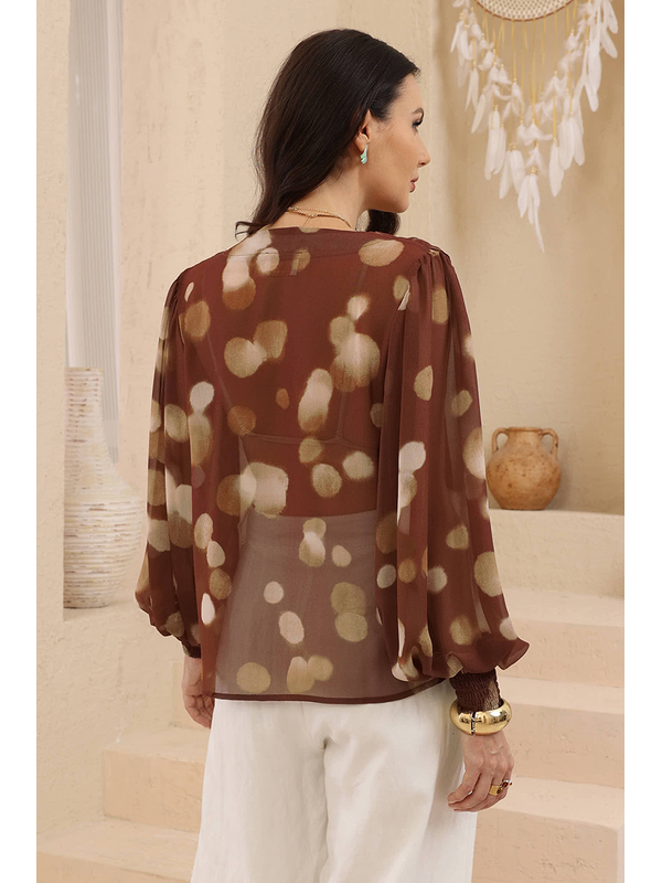 Waterfall Front Blouse - Choc/Polka