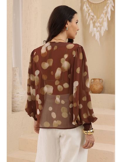 Waterfall Front Blouse - Choc/Polka