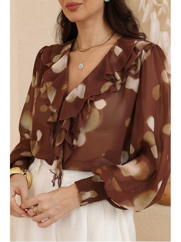 Waterfall Front Blouse - Choc/Polka