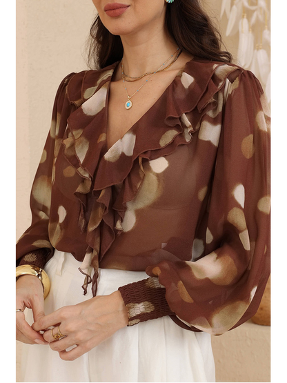 Waterfall Front Blouse - Choc/Polka
