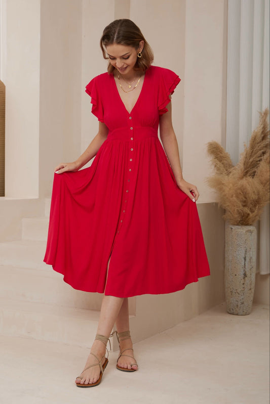 Lolita Button Midi Dress - Poppy