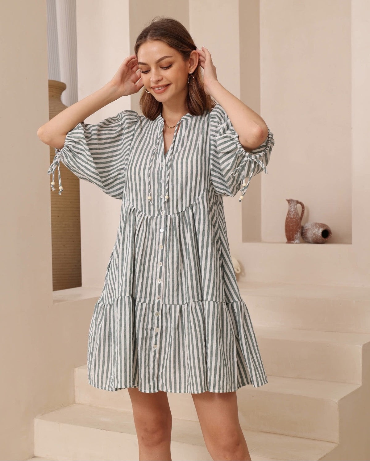 Mia Sun Dress - Sage Stripe