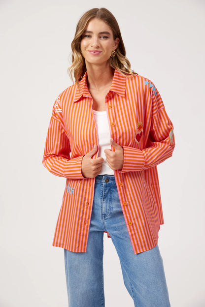 HAVEN - Mykonos Embroidered Stripe Shirt - Pink
