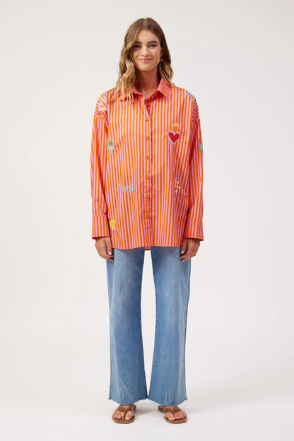 HAVEN - Mykonos Embroidered Stripe Shirt - Pink