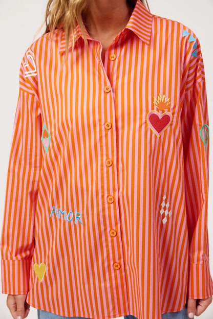 HAVEN - Mykonos Embroidered Stripe Shirt - Pink