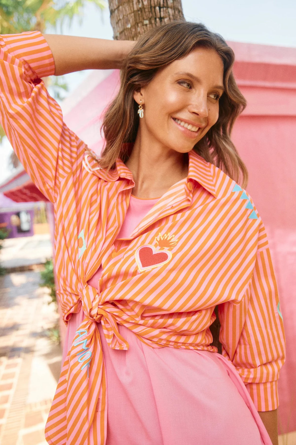 HAVEN - Mykonos Embroidered Stripe Shirt - Pink
