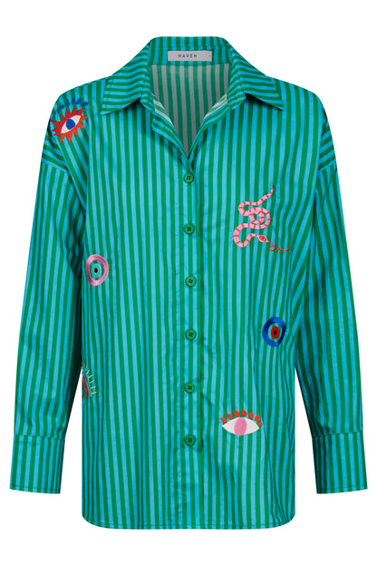 HAVEN - Mykonos Embroidered Stripe Shirt - Green