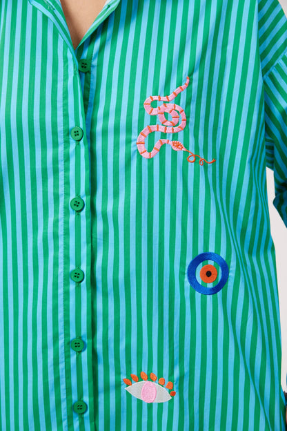 HAVEN - Mykonos Embroidered Stripe Shirt - Green