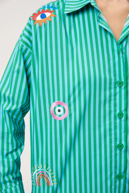 HAVEN - Mykonos Embroidered Stripe Shirt - Green