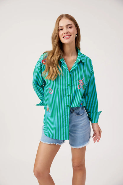 HAVEN - Mykonos Embroidered Stripe Shirt - Green