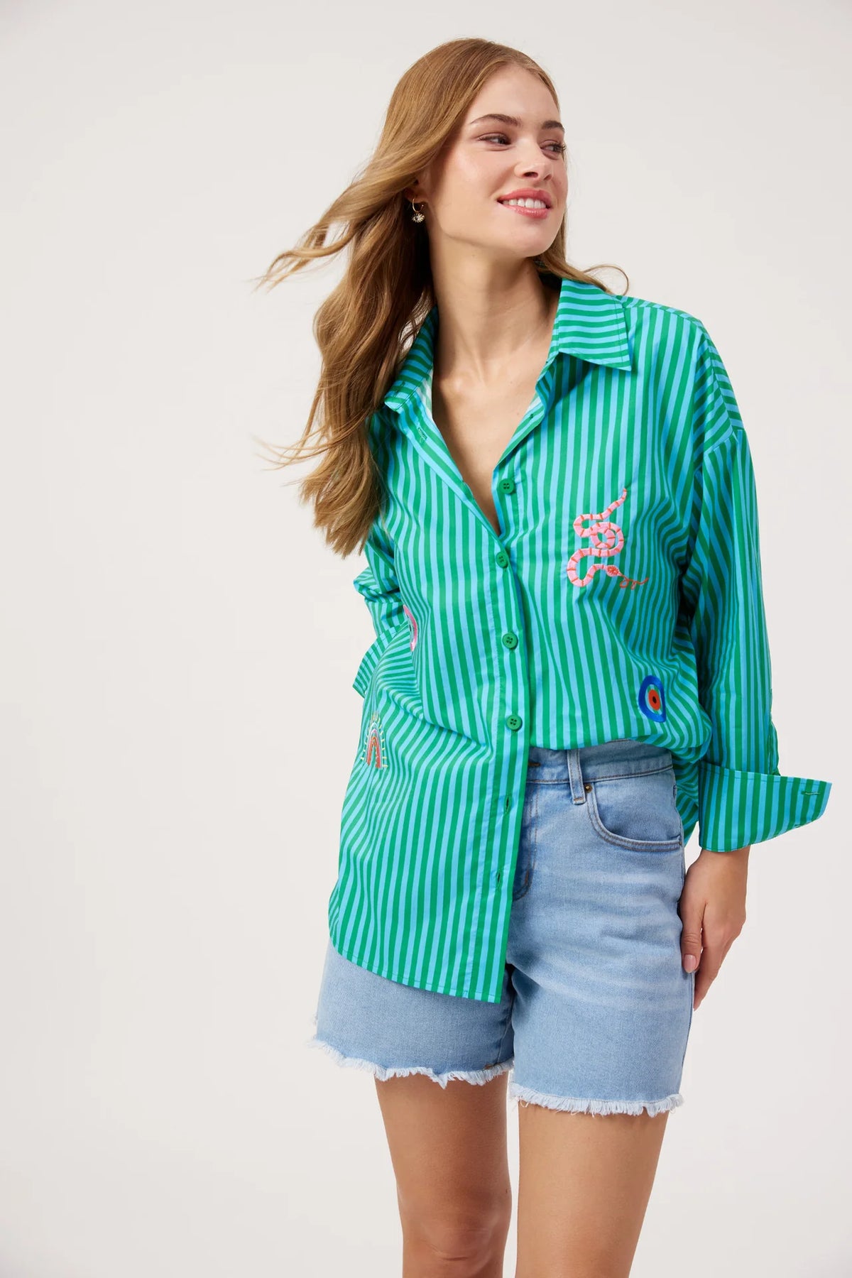 HAVEN - Mykonos Embroidered Stripe Shirt - Green