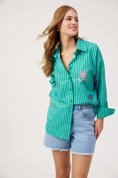 HAVEN - Mykonos Embroidered Stripe Shirt - Green