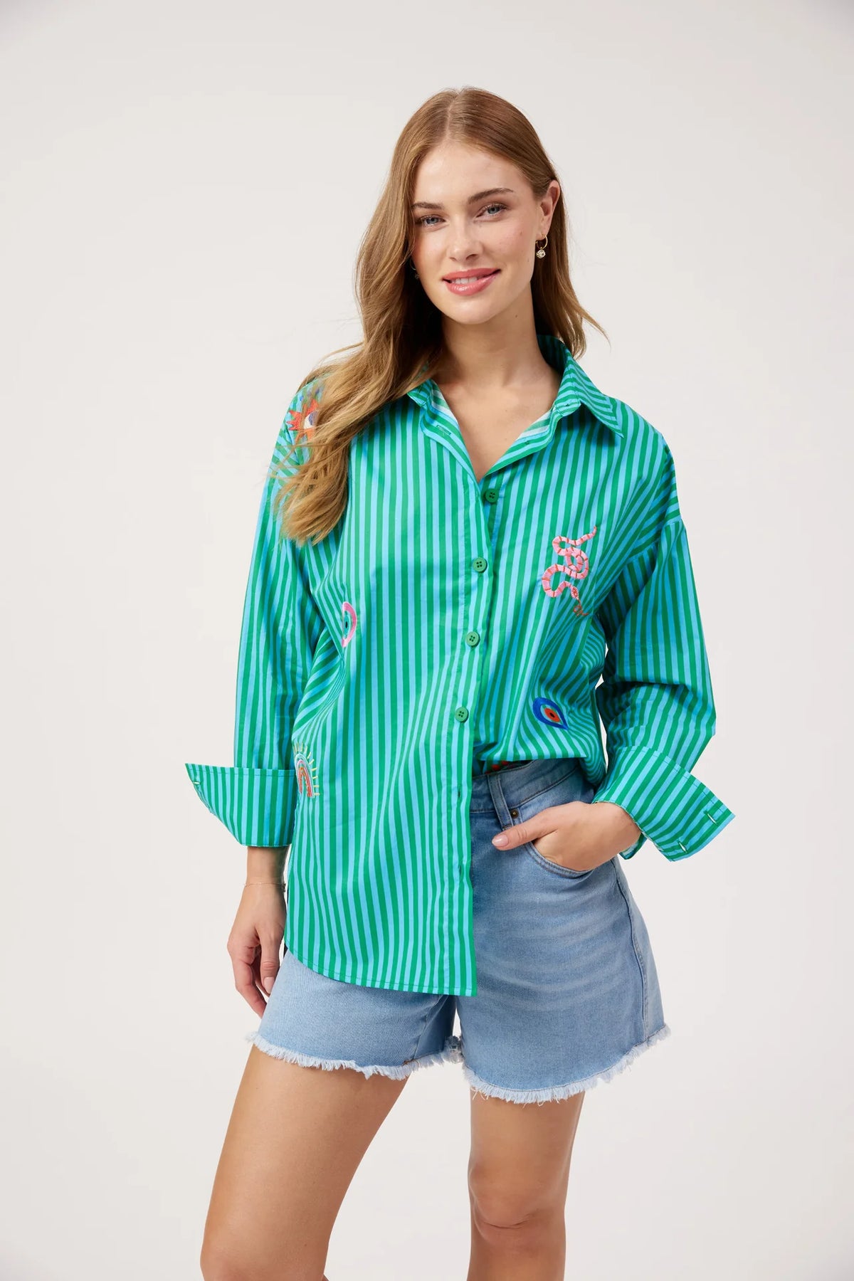 HAVEN - Mykonos Embroidered Stripe Shirt - Green