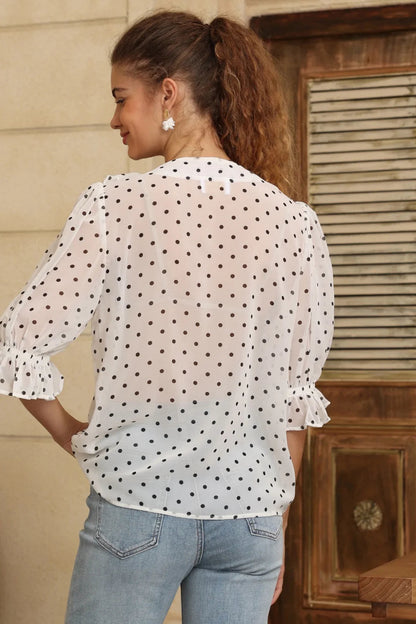 Waterfall Front Blouse - White/Polka