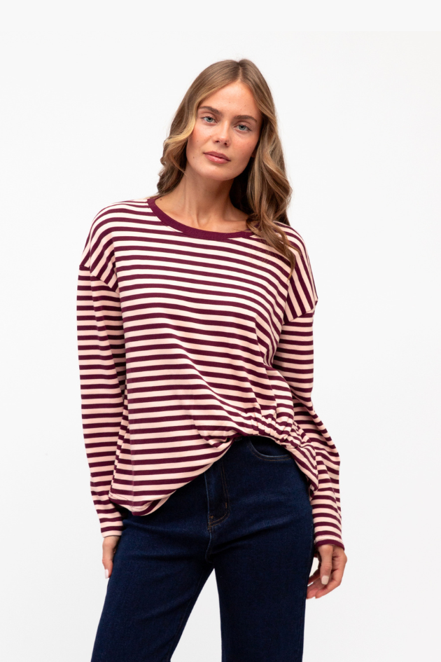Gia Long Sleeve Top - Merlot Stripe