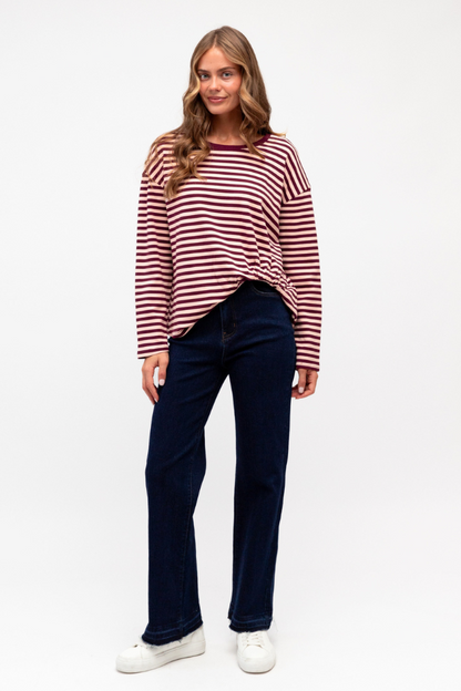 Gia Long Sleeve Top - Merlot Stripe