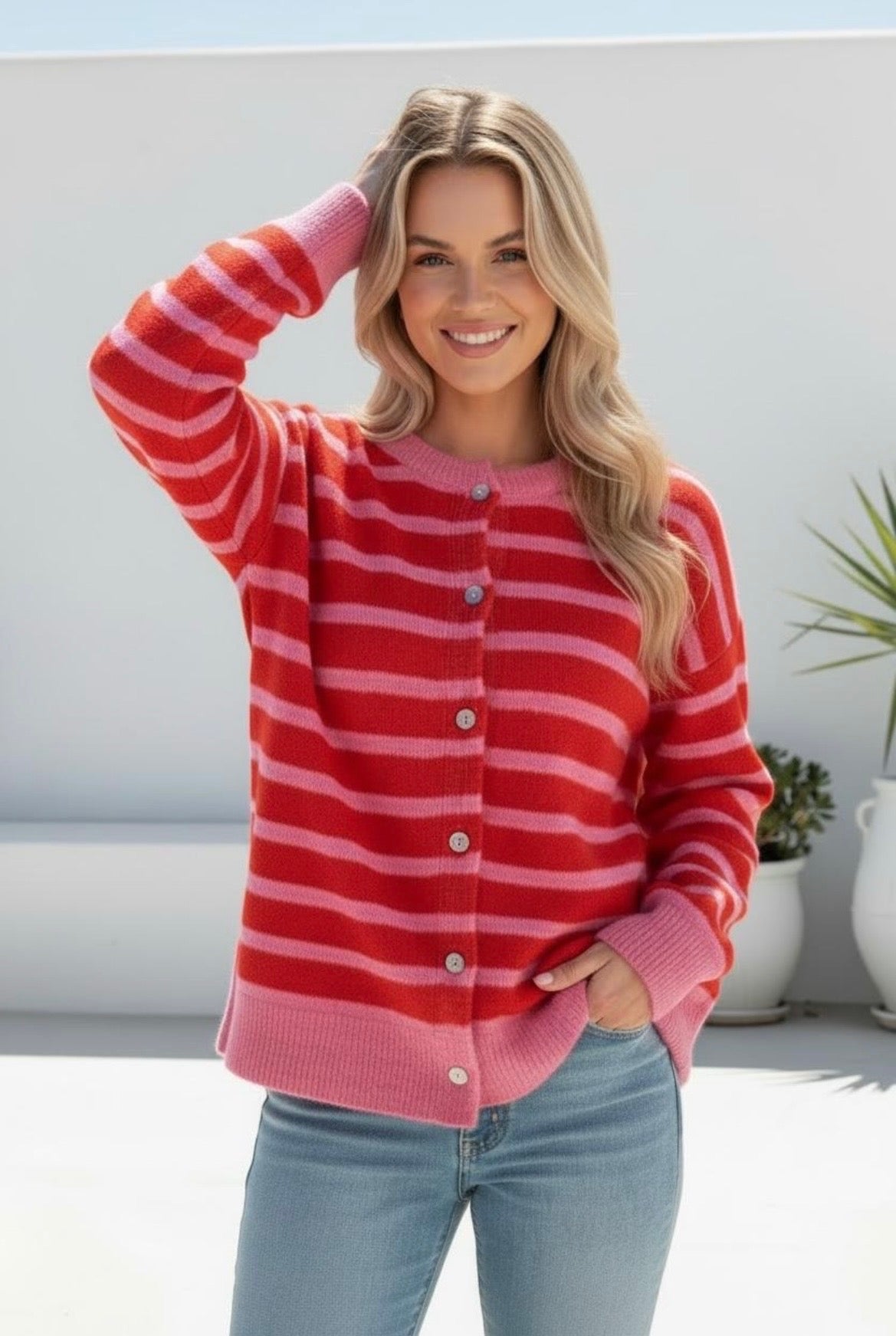 Bella Cardigan - Pink/Red Stripe
