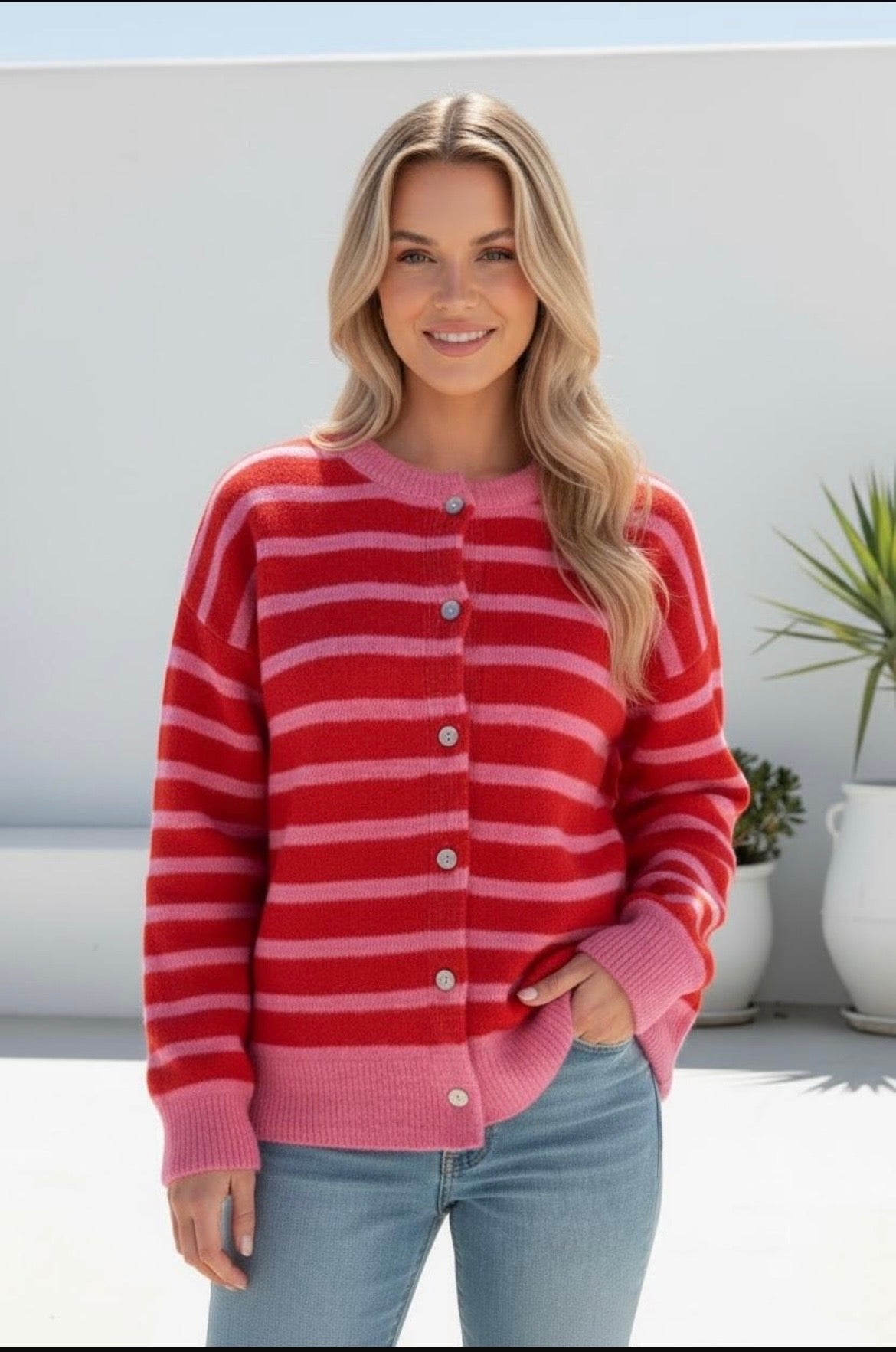 Bella Cardigan - Pink/Red Stripe