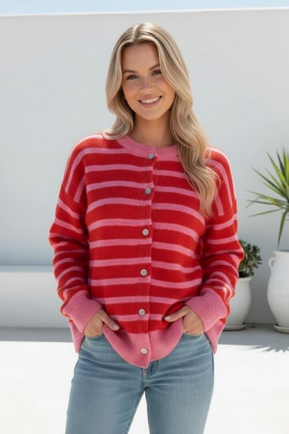Bella Cardigan - Pink/Red Stripe