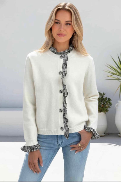 Gingham Ruffle Cardi - Ivory