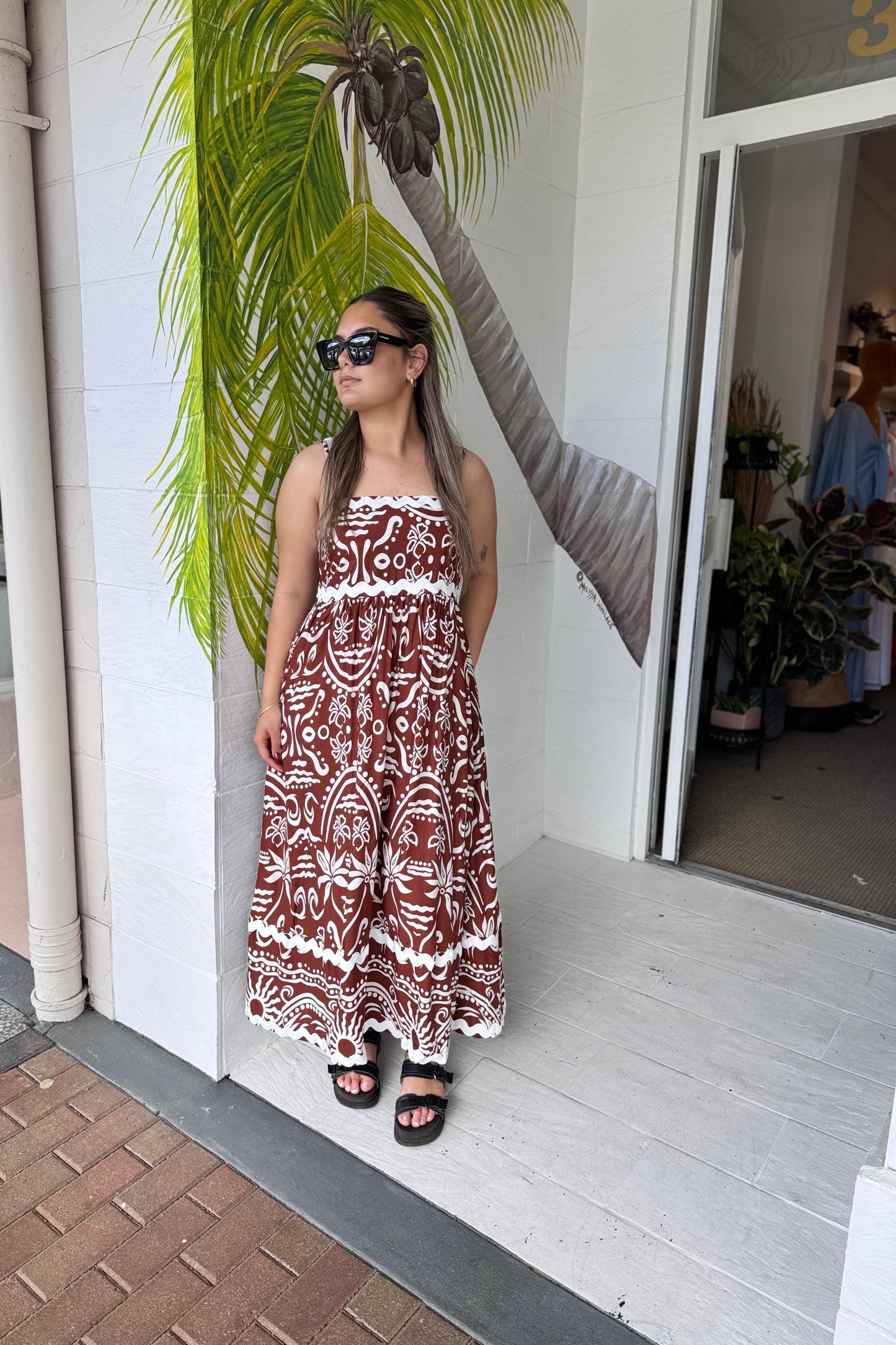 Bahari Maxi Dress - Brown/White