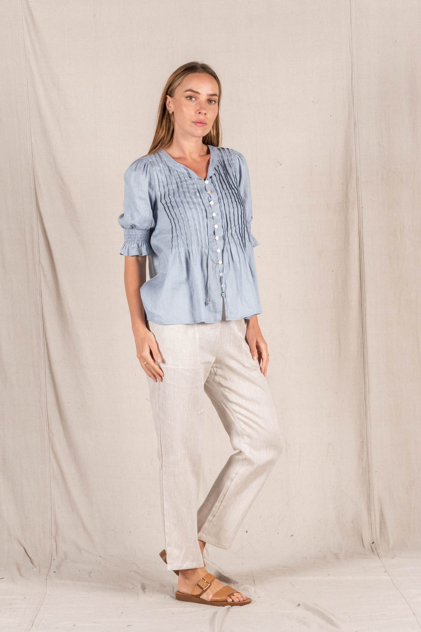 Leila Pin Tuck Linen Blouse - Dusty Blue
