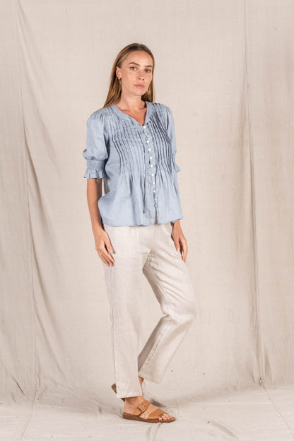 Leila Pin Tuck Linen Blouse - Dusty Blue