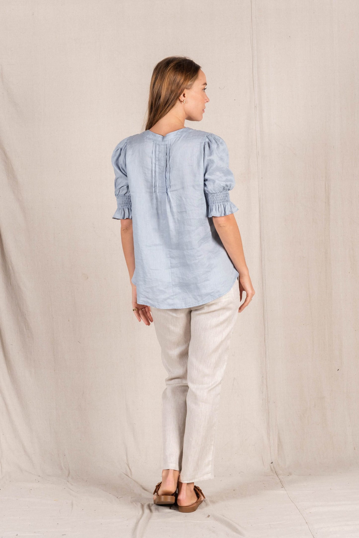 Leila Pin Tuck Linen Blouse - Dusty Blue