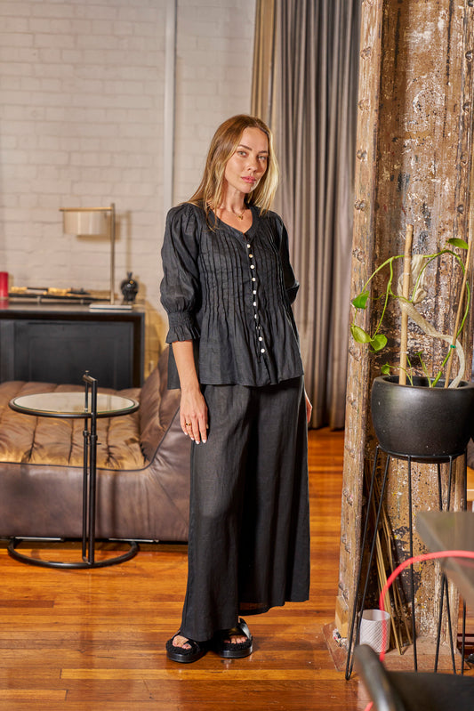 Leila Pin Tuck Linen Blouse - Ebony