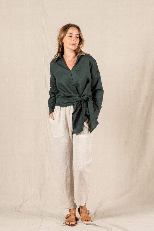 Cherie Linen Top - Deep Moss