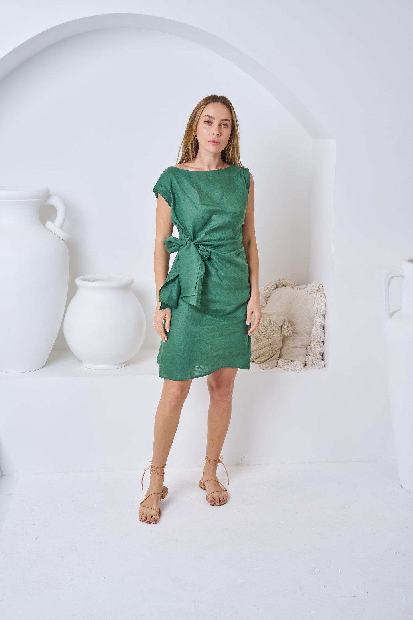 Riri Tie Linen Dress - Green