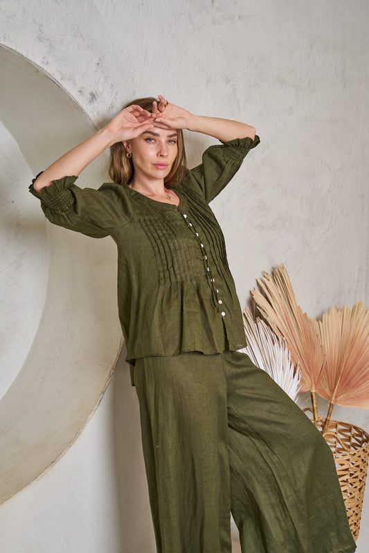 Leila Pin Tuck Linen Blouse - Moss