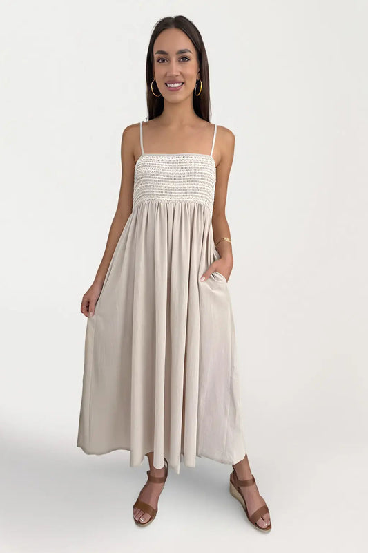 Avalon Shirred Midi Dress - Salt