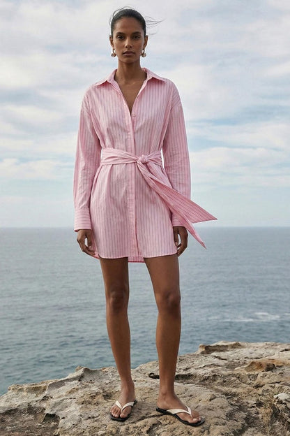 STAPLE THE LABEL - Kari Mini Shirt Dress - Pink/White Stripe