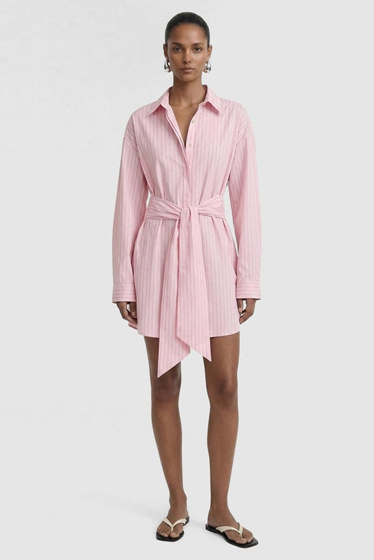 STAPLE THE LABEL - Kari Mini Shirt Dress - Pink/White Stripe