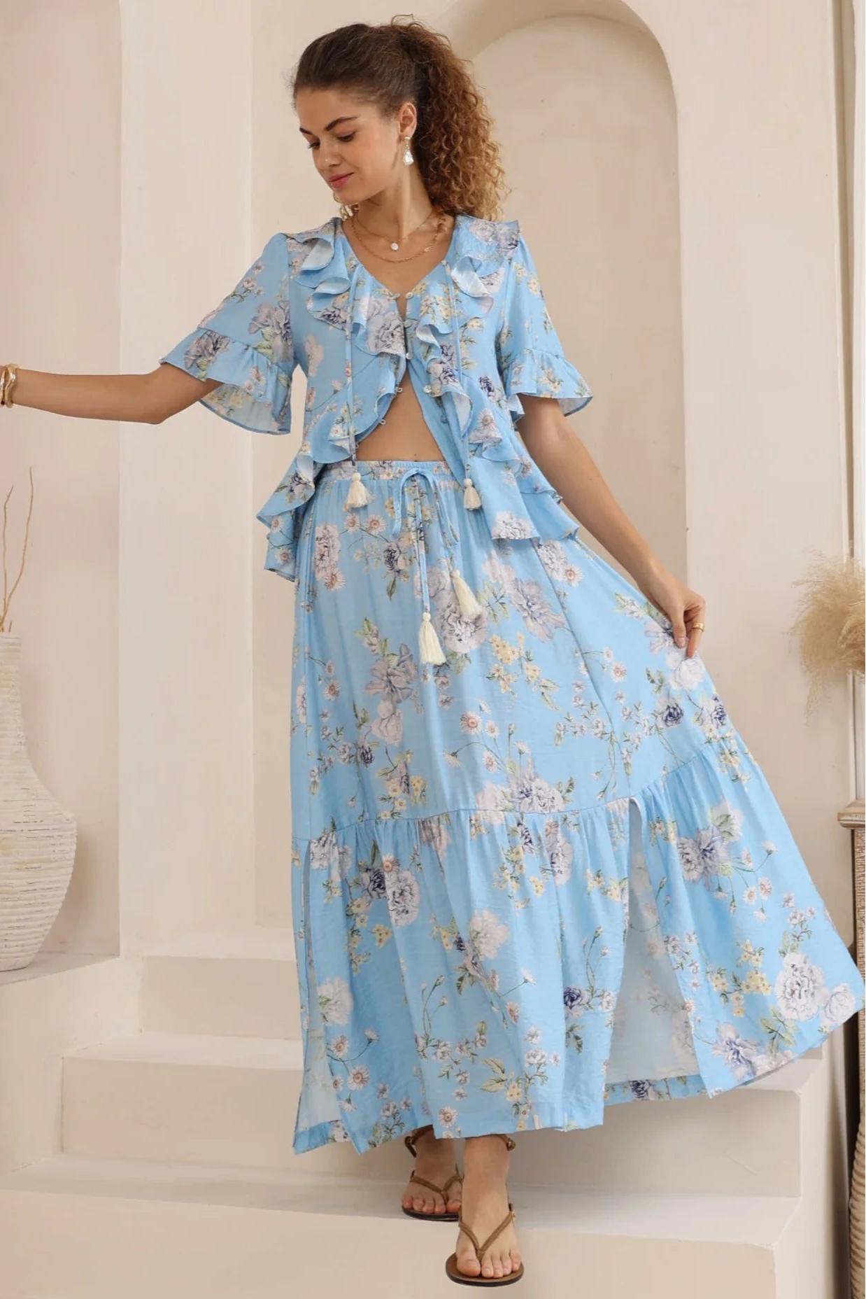 Ensley Frill Blouse - Blue Floral