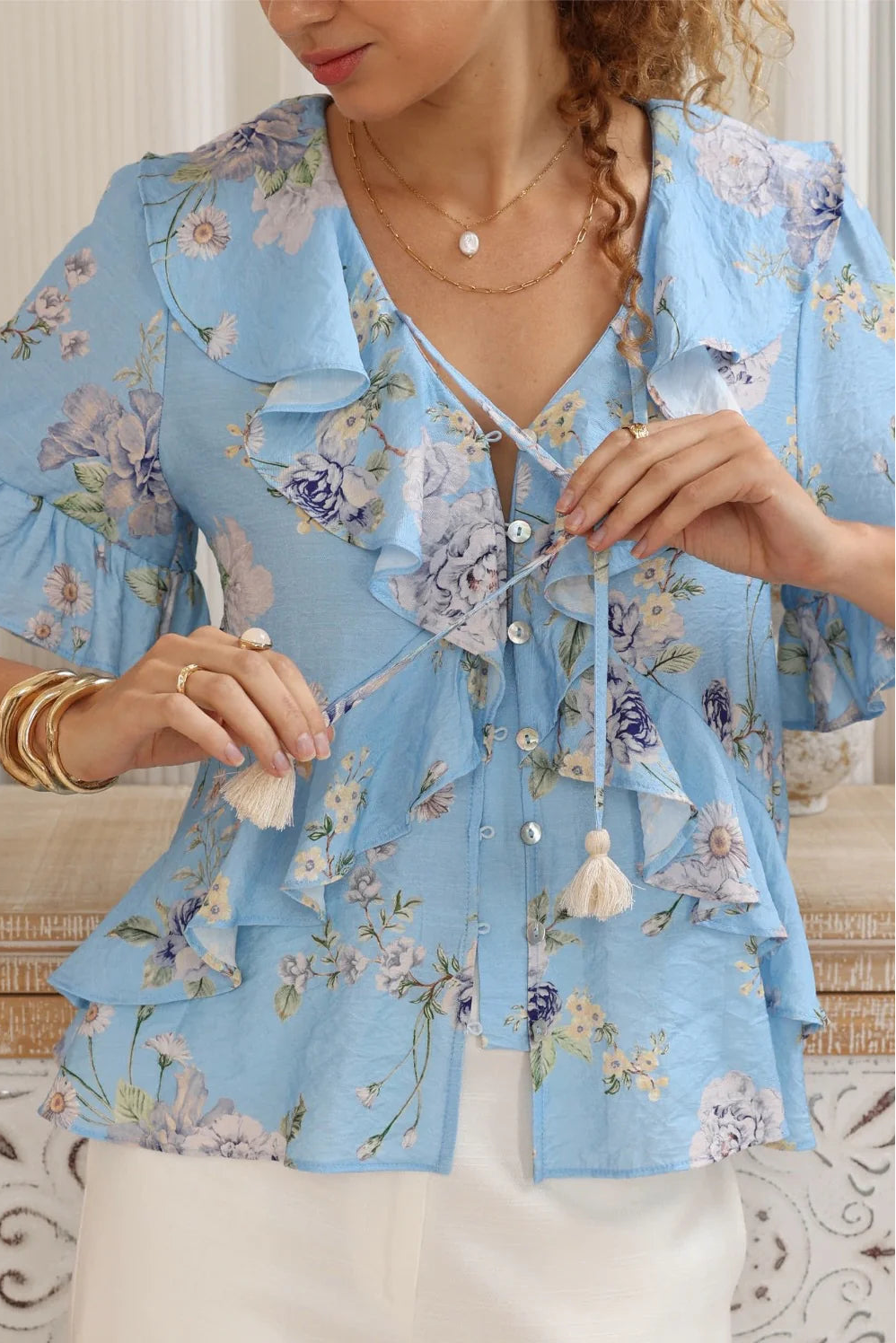 Ensley Frill Blouse - Blue Floral