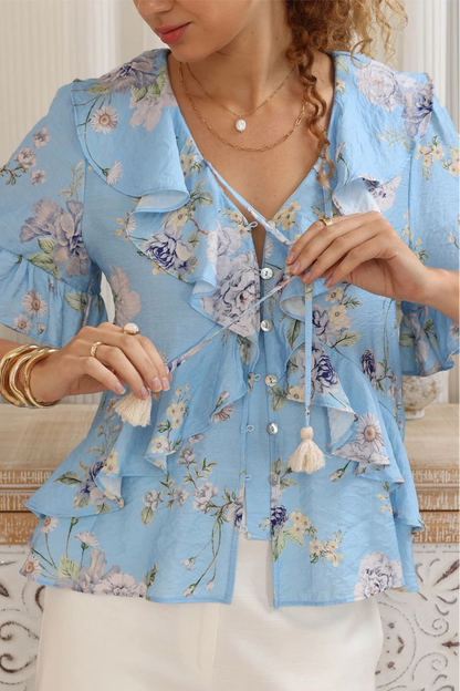 Ensley Frill Blouse - Blue Floral