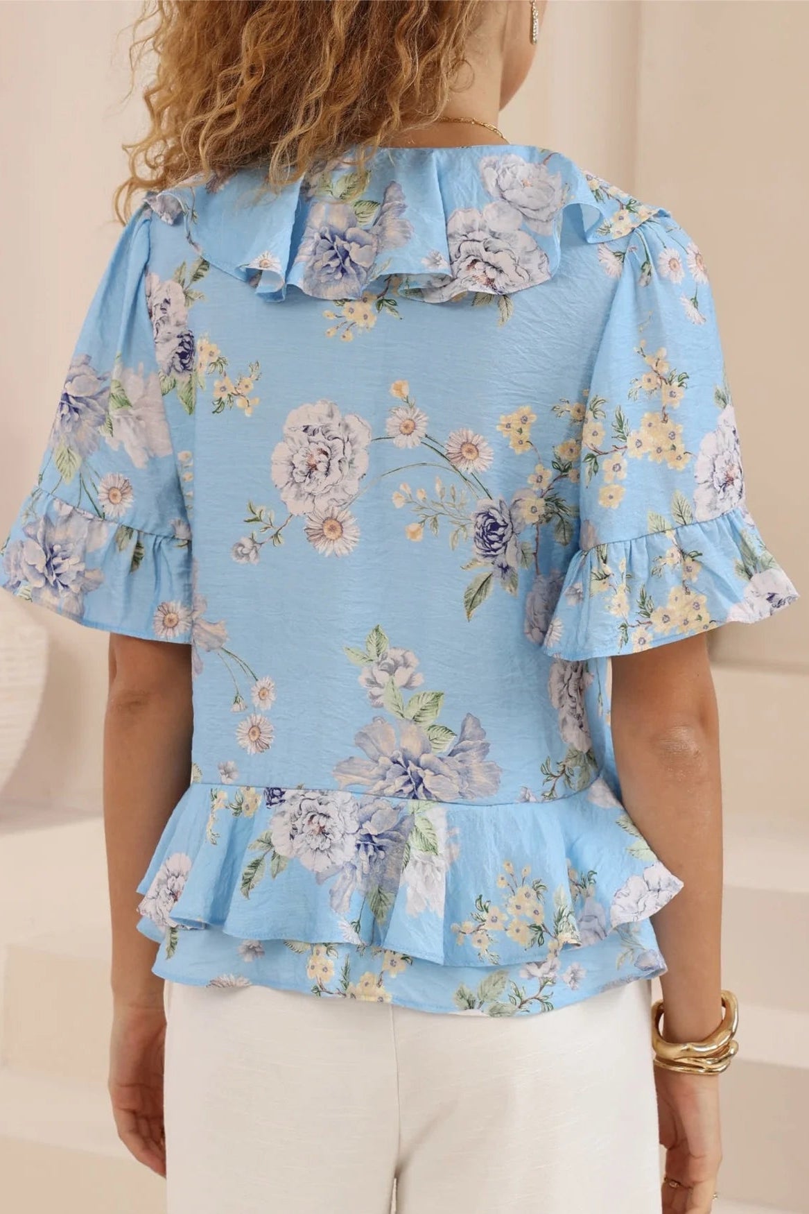 Ensley Frill Blouse - Blue Floral
