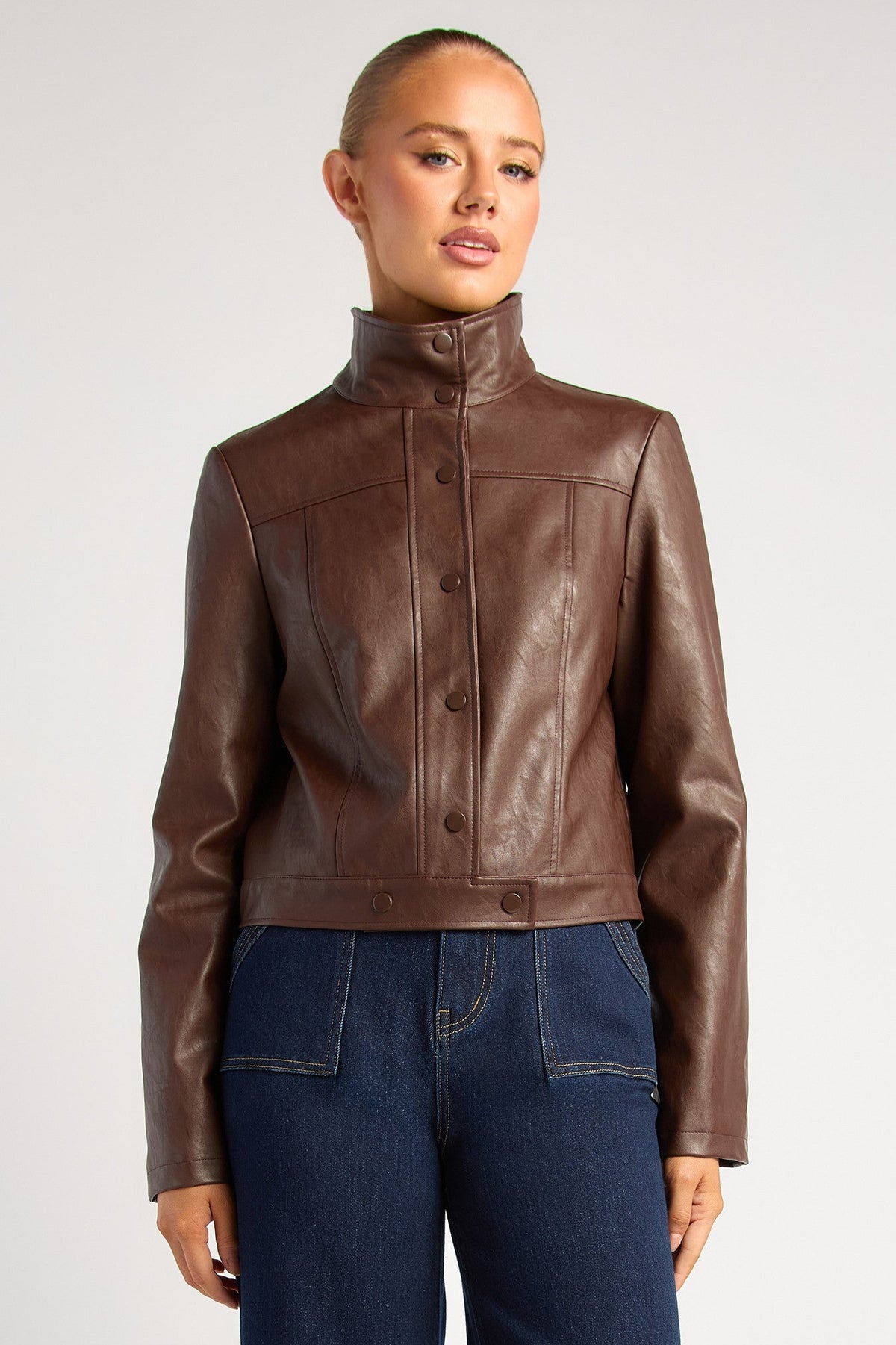 Becca Faux Leather Biker Jacket - Espresso