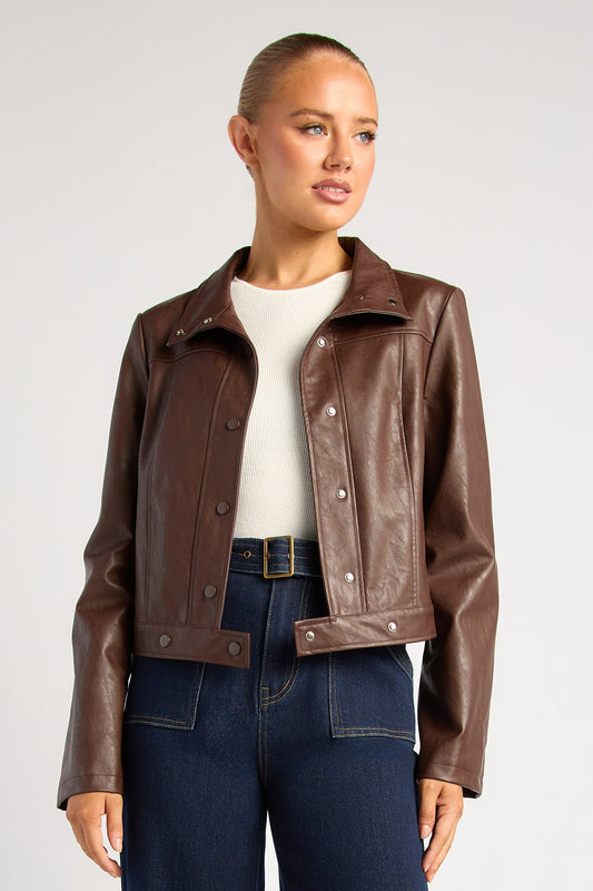 Becca Faux Leather Biker Jacket - Espresso